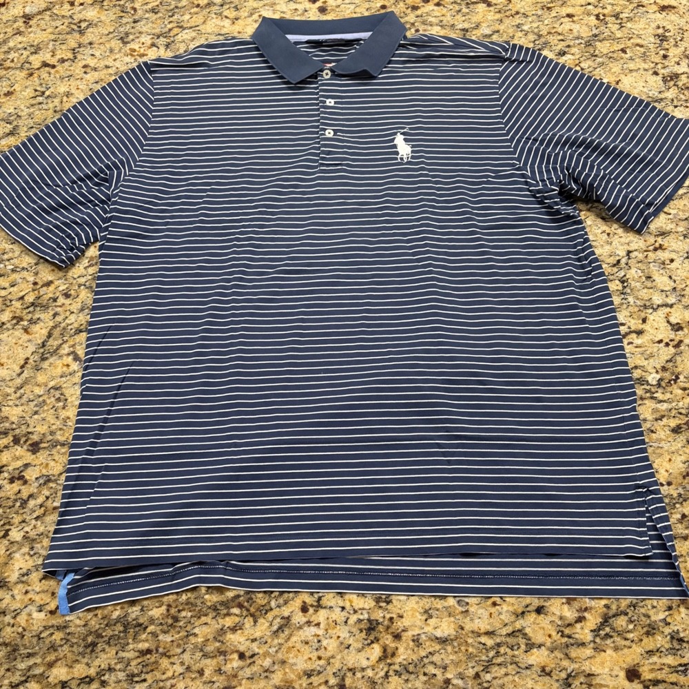 Polo Golf Ralph Lauren Mens XL Navy Blue Striped Pima Cotton Pony American Flag